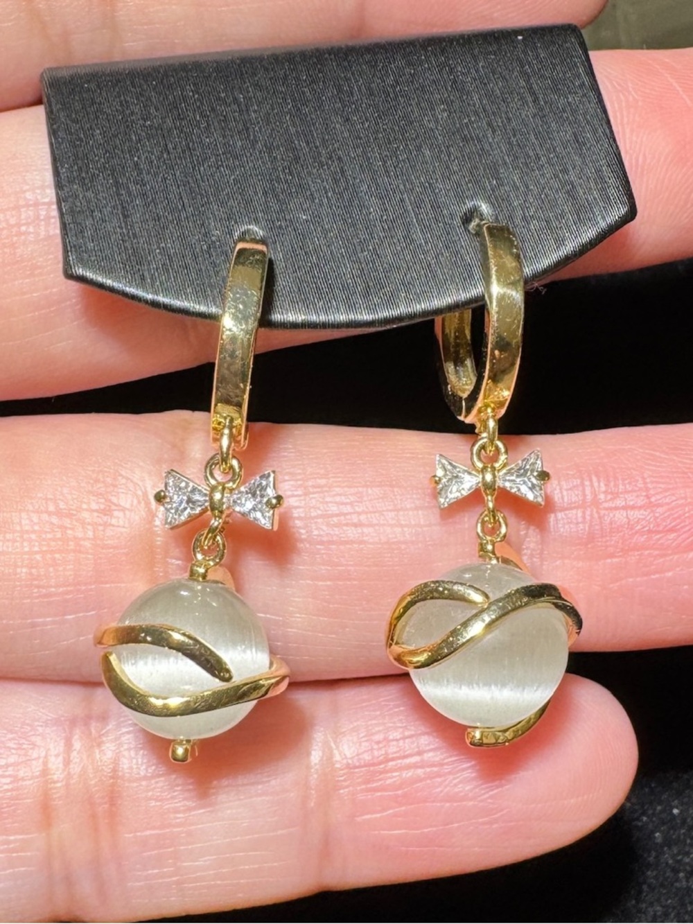 Gold-Tone Bow & Cat's Eye Drop Earrings in White